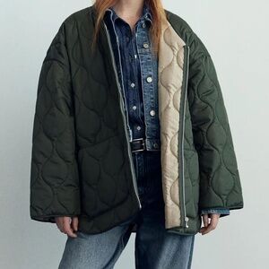 ZARA Oversized Padded Water Repellent Jacket Quilted Wide Sleeve Puffer XS-S